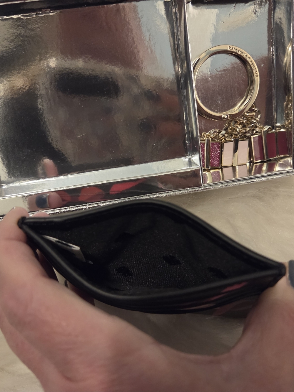 Kate Spade Black Cardholder with Pink and Red Ribbon Print and Matc Gold Keyring - Picture 3 of 4
